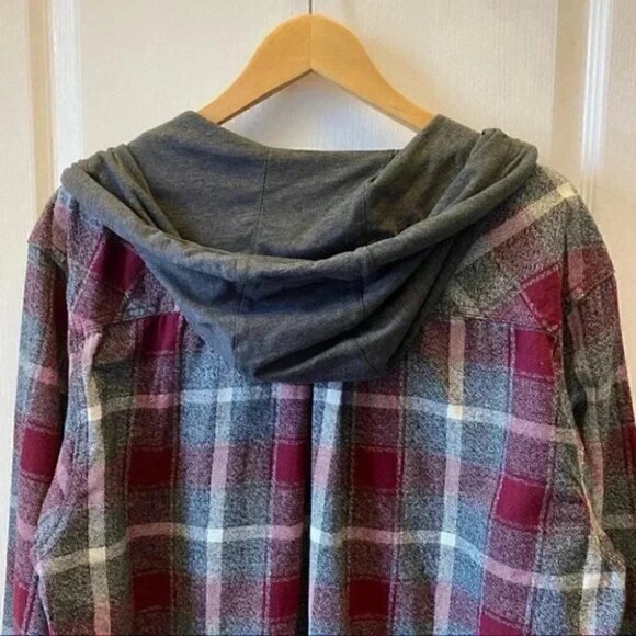 KOLBY Mens Flannel Shirt Button Up Shacket Hoodie Burgundy Grey Plaid Large - Picture 10 of 16